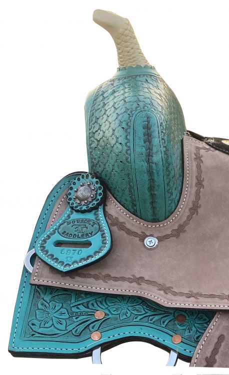13" Double T Teal Pony/Youth saddle with rough out accents Youth Saddle Shiloh