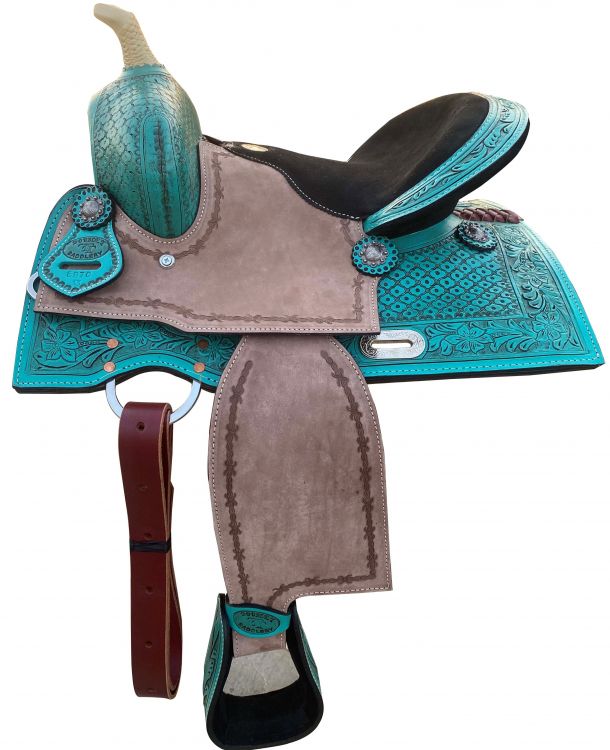 13" Double T Teal Pony/Youth saddle with rough out accents Youth Saddle Shiloh