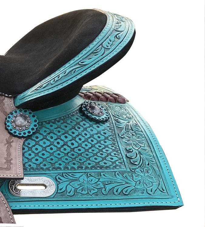 13" Double T Teal Pony/Youth saddle with rough out accents Youth Saddle Shiloh