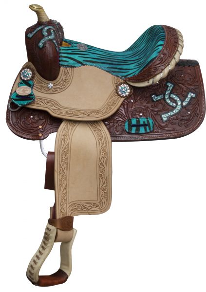 511413: 13" Double T Barrel style saddle with hair on zebra print seat and accents Youth Saddle Double T