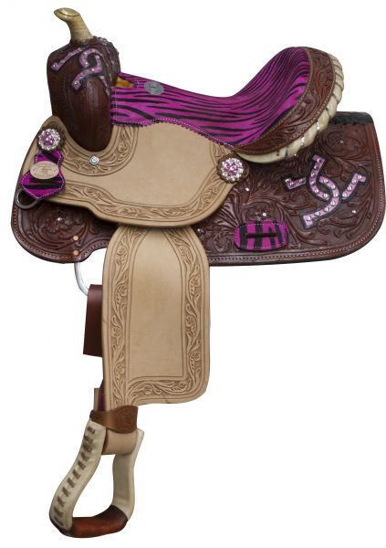511413: 13" Double T Barrel style saddle with hair on zebra print seat and accents Youth Saddle Double T