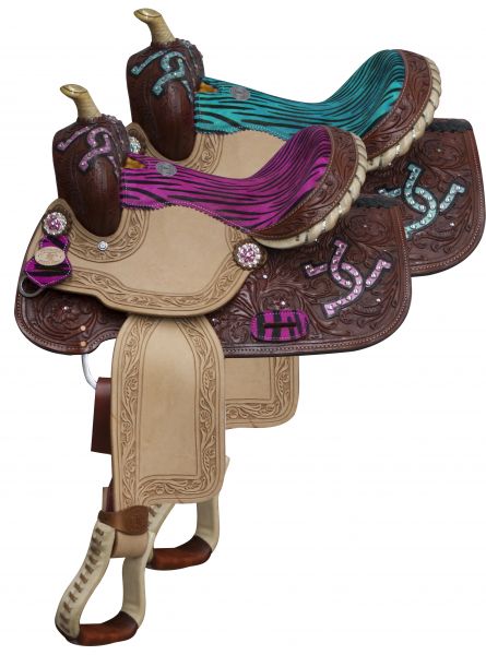 511413: 13" Double T Barrel style saddle with hair on zebra print seat and accents Youth Saddle Double T