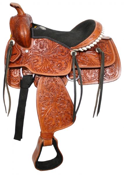 13" Fully tooled Double T youth saddle with suede leather seat Show Saddle Shiloh