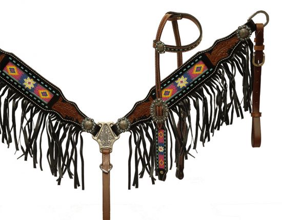 13067: Showman ® Beaded headstall and breast collar with black fringe Headstall & Breast Collar Set Showman