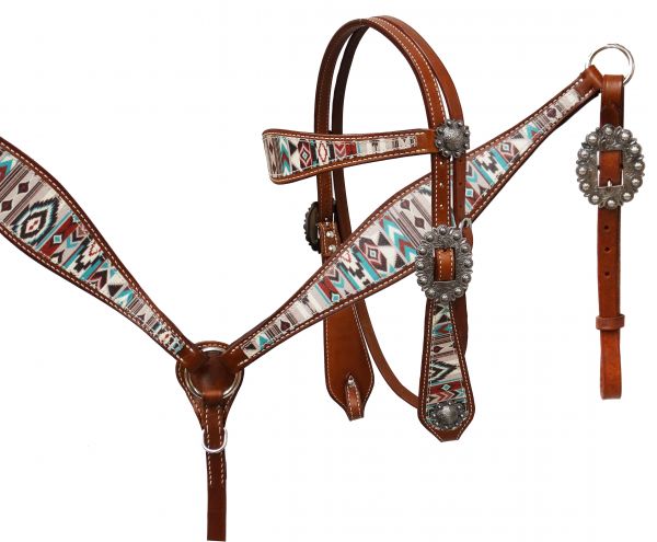 13230: Showman ® Multi Color Navajo diamond print headstall and breast collar set Headstall & Breast Collar Set Showman