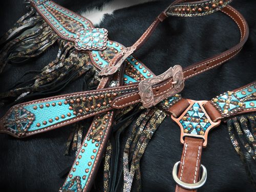 13265: Showman® Bejeweled metallic leopard print headstall and breast collar set Headstall & Breast Collar Set Showman