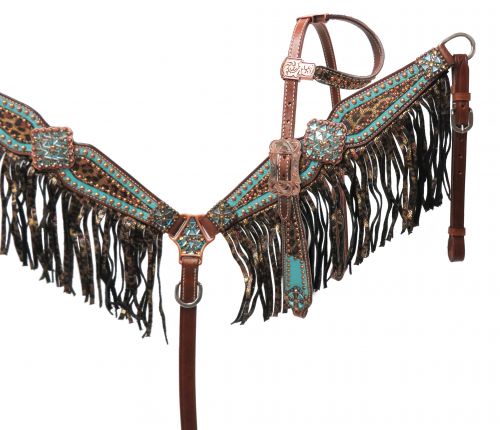 13265: Showman® Bejeweled metallic leopard print headstall and breast collar set Headstall & Breast Collar Set Showman