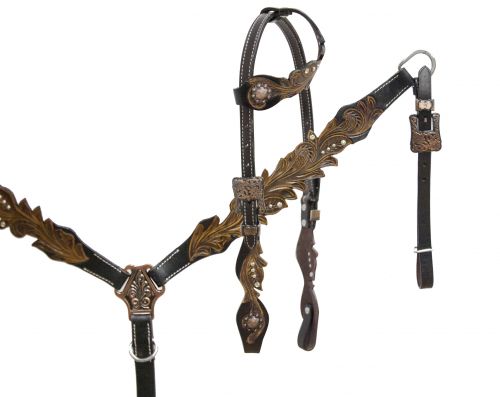13501: Showman ® One ear headstall with cut out filigree tooling accented with crystal rhinestones Headstall & Breast Collar Set Showman