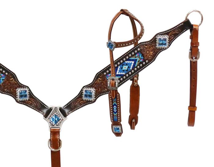 13523: Showman® Headstall and breast collar with beaded inlay Headstall & Breast Collar Set Showman