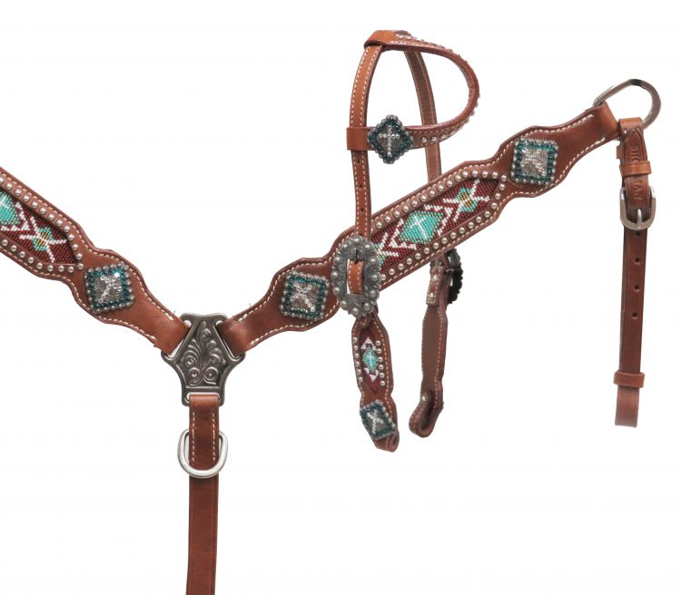 13654: Showman ® PONY One ear headstall with teal beaded inlay Headstall & Breast Collar Set Showman
