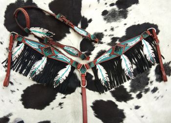 13702: Showman® Cut- out teal painted feather headstall and breast collar with black fringe and te Headstall & Breast Collar Set Showman