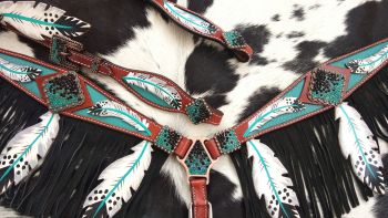 13702: Showman® Cut- out teal painted feather headstall and breast collar with black fringe and te Headstall & Breast Collar Set Showman