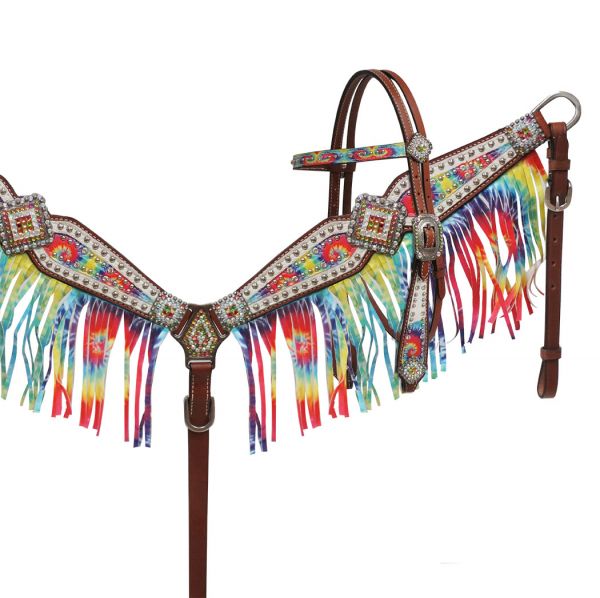 13752: Showman ® Rainbow tie dye headstall and breast collar set Headstall & Breast Collar Set Showman