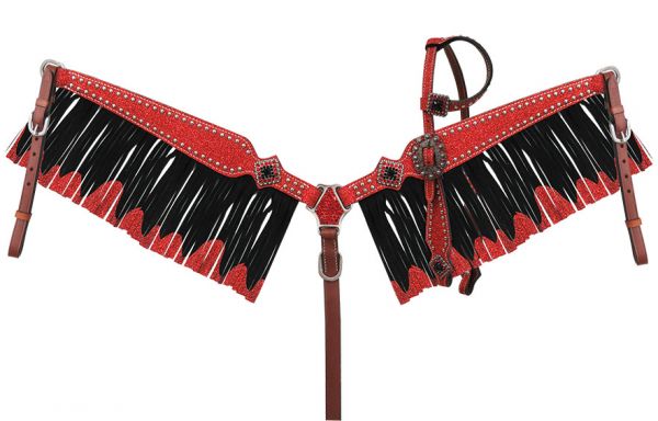13856: Showman ® Glitter overlay single ear leather headstall and breast collar set with crystal r Headstall & Breast Collar Set Showman Red & Black