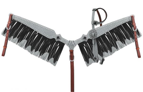 13856: Showman ® Glitter overlay single ear leather headstall and breast collar set with crystal r Headstall & Breast Collar Set Showman Silver