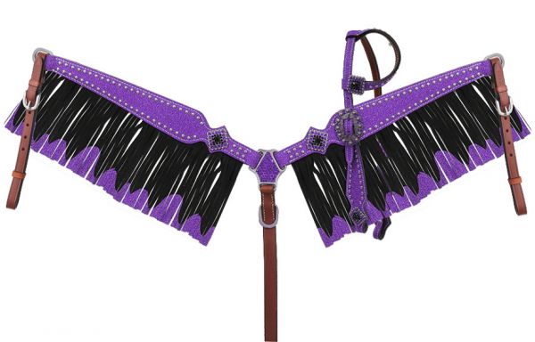 13856: Showman ® Glitter overlay single ear leather headstall and breast collar set with crystal r Headstall & Breast Collar Set Showman Purple