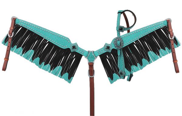 13856: Showman ® Glitter overlay single ear leather headstall and breast collar set with crystal r Headstall & Breast Collar Set Showman Teal