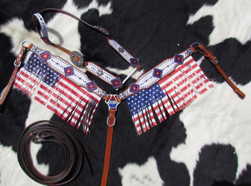 13955: Showman ® American Flag fringed headstall and breast collar set Headstall & Breast Collar Set Showman