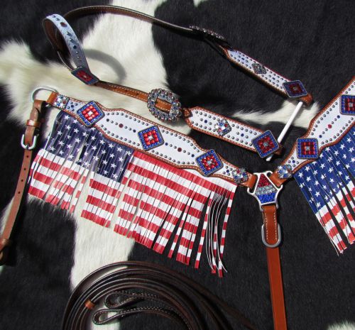 13955: Showman ® American Flag fringed headstall and breast collar set Headstall & Breast Collar Set Showman