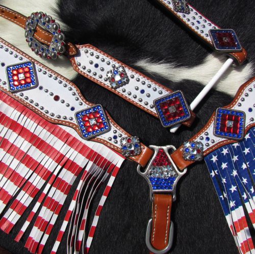 13955: Showman ® American Flag fringed headstall and breast collar set Headstall & Breast Collar Set Showman