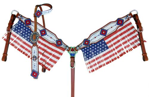 13955: Showman ® American Flag fringed headstall and breast collar set Headstall & Breast Collar Set Showman