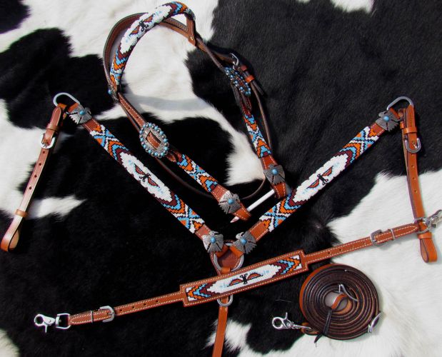 13976: Showman ® Beaded Thunderbird 4 Piece Headstall and Breastcollar Set Headstall & Breast Collar Set Showman
