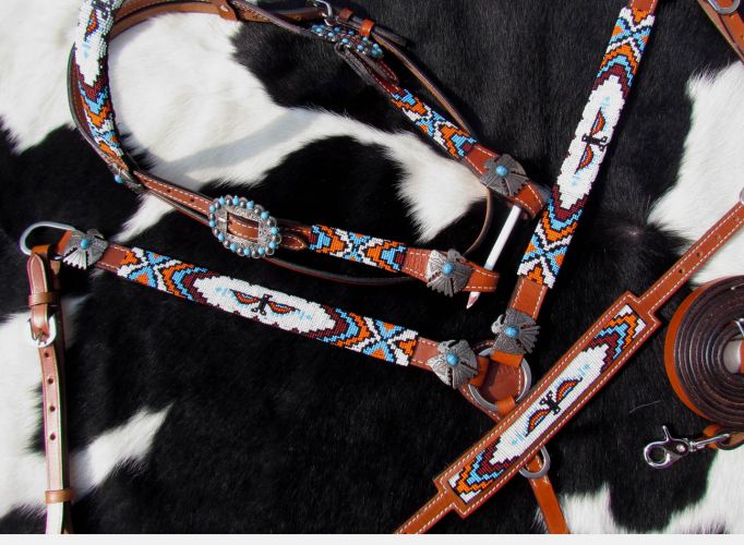 13976: Showman ® Beaded Thunderbird 4 Piece Headstall and Breastcollar Set Headstall & Breast Collar Set Showman