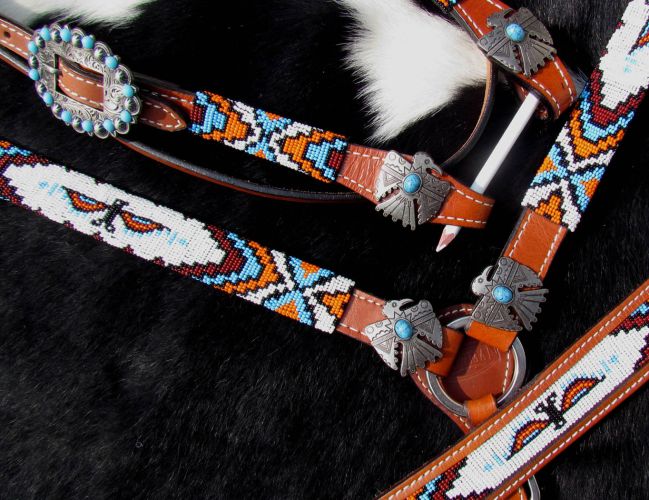 13976: Showman ® Beaded Thunderbird 4 Piece Headstall and Breastcollar Set Headstall & Breast Collar Set Showman