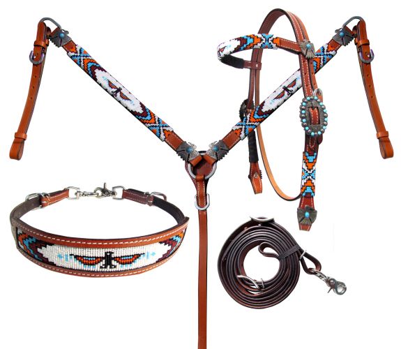 13976: Showman ® Beaded Thunderbird 4 Piece Headstall and Breastcollar Set Headstall & Breast Collar Set Showman