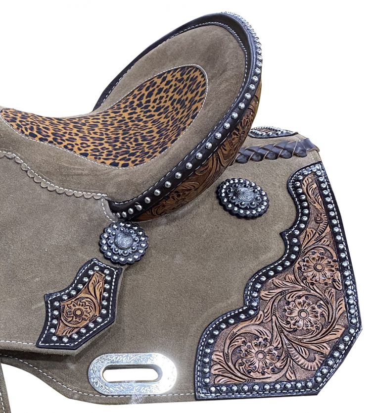 14", 15" DOUBLE T Rough Out Barrel style saddle with Cheetah Printed Inlay Barrel Saddle Shiloh