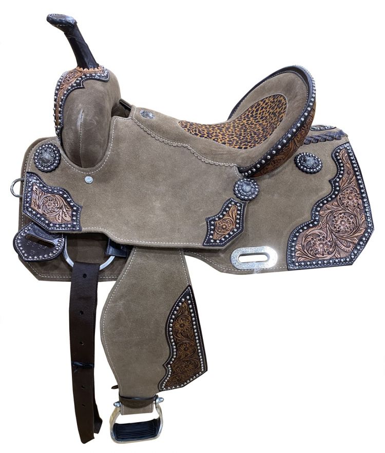 14", 15" DOUBLE T Rough Out Barrel style saddle with Cheetah Printed Inlay Barrel Saddle Shiloh