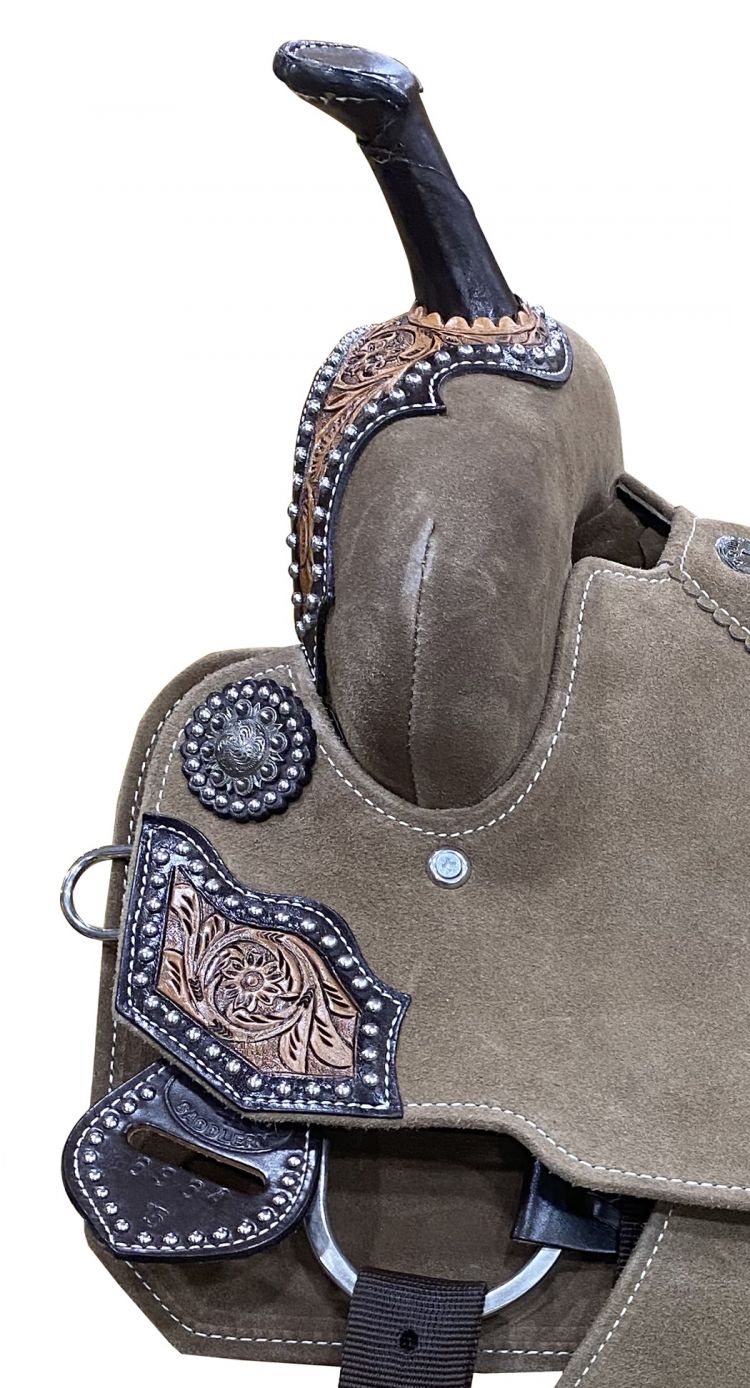 14", 15" DOUBLE T Rough Out Barrel style saddle with Cheetah Printed Inlay Barrel Saddle Shiloh