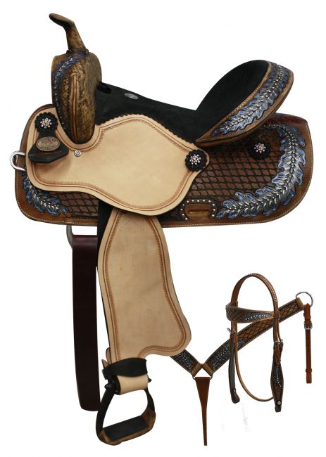 14", 15" Double T Barrel Saddle With Oak Leaf Tooling 15801 Barrel Saddle Double T