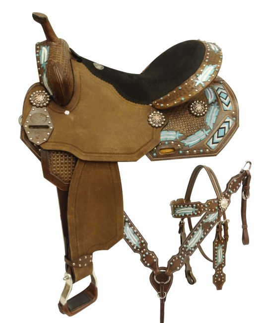 14-16" Double T Barrel Barrel Saddle Set w/ Turquoise Accents 045X Barrel Saddle Showman Saddles and Tack 14"