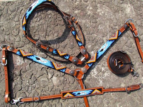 14024: Showman ® Beaded Aztec 4 Piece Headstall and Breastcollar Set Headstall & Breast Collar Set Showman