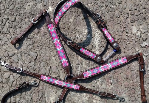 14035: Showman® Argentina Cow Leather 3 Piece Headstall and breast collar set with navajo beaded i Headstall & Breast Collar Set Showman