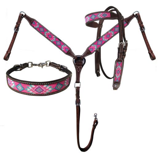 14035: Showman® Argentina Cow Leather 3 Piece Headstall and breast collar set with navajo beaded i Headstall & Breast Collar Set Showman