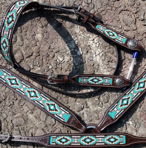 14036: Showman® Argentina Cow Leather 3 Piece Headstall and breast collar set with navajo beaded i Headstall & Breast Collar Set Showman