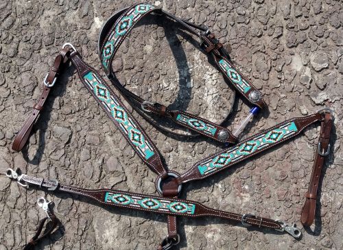 14036: Showman® Argentina Cow Leather 3 Piece Headstall and breast collar set with navajo beaded i Headstall & Breast Collar Set Showman