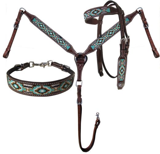 14036: Showman® Argentina Cow Leather 3 Piece Headstall and breast collar set with navajo beaded i Headstall & Breast Collar Set Showman