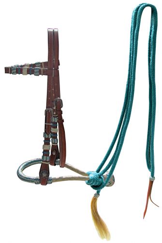14092: Showman ® leather bosal headstall with teal rawhide braided bosal and teal nylon mecate rei Headstall Showman
