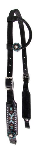 14162: Showman ® Black nylon single ear headstall with beaded inlay cheeks Headstall Showman