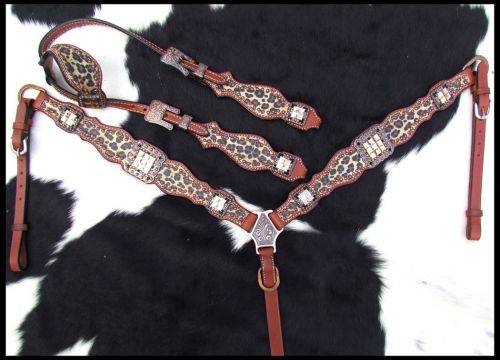 14187: Showman ® Cheetah print one ear headstall and breast collar set Headstall & Breast Collar Set Showman