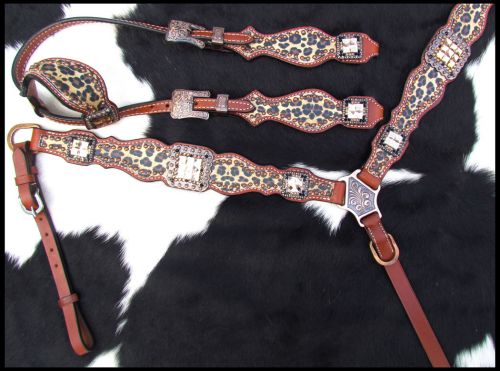 14187: Showman ® Cheetah print one ear headstall and breast collar set Headstall & Breast Collar Set Showman