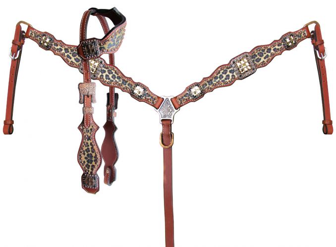 14187: Showman ® Cheetah print one ear headstall and breast collar set Headstall & Breast Collar Set Showman