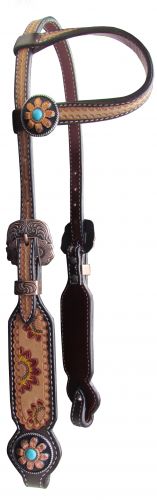 14192: Showman ® Argentina cow leather single ear headstall with hand painted sunflowers Headstall Showman