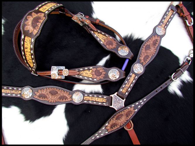 14203: Showman ® Sunflower Tooled Leather Browband headstall and breastcollar set Headstall & Breast Collar Set Showman