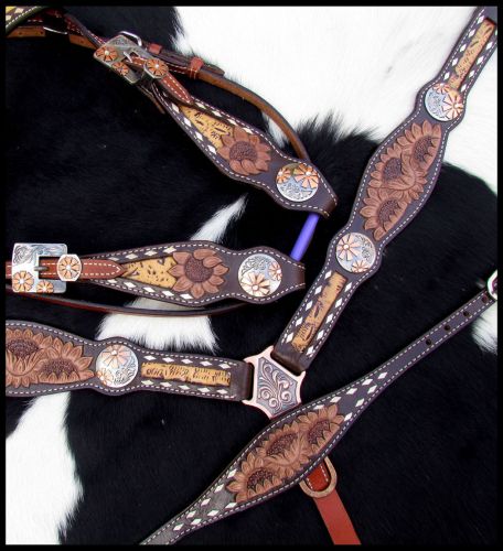 14203: Showman ® Sunflower Tooled Leather Browband headstall and breastcollar set Headstall & Breast Collar Set Showman