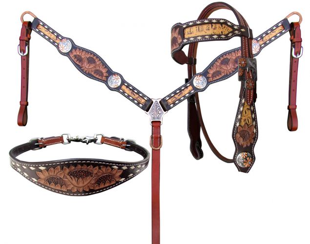 14203: Showman ® Sunflower Tooled Leather Browband headstall and breastcollar set Headstall & Breast Collar Set Showman