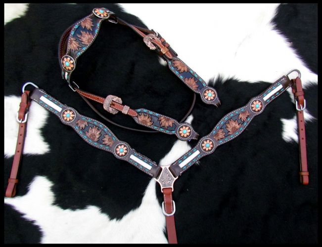 14205: Showman ® Sunflower Tooled Leather Browband headstall and breastcollar set with cowhide inl Headstall & Breast Collar Set Showman
